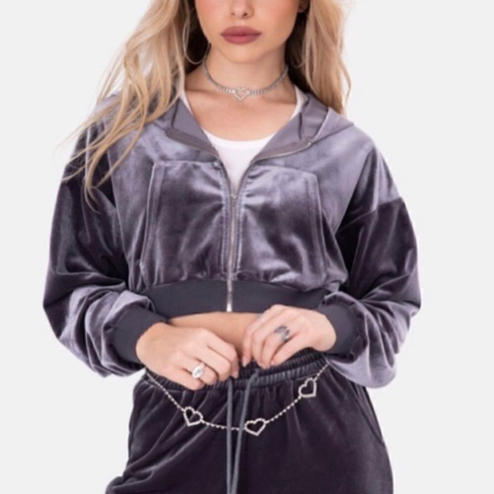 Adika Gambino Gray Zip-Up Velvet Crop Top Hoodie Size XL
